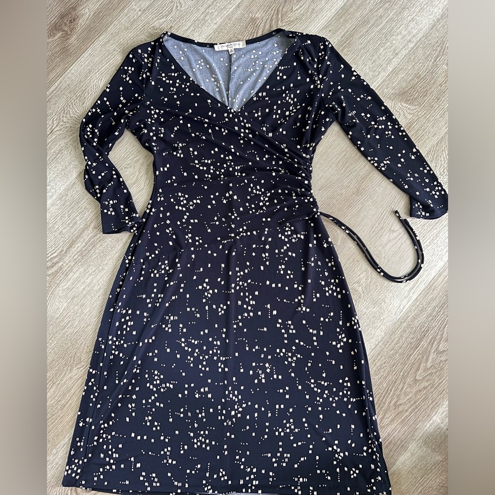 Evan Picone Blue Wrap Dress with Tie Front, Side Ruched and Cuffed Sleeves